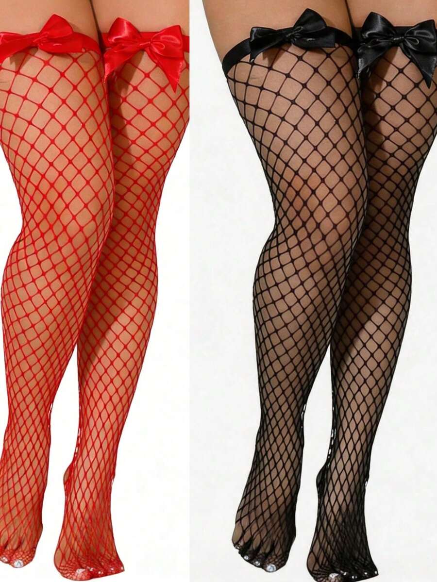 Knee High Sock Women - Bow Decor Fishnet Thigh High Stockings,