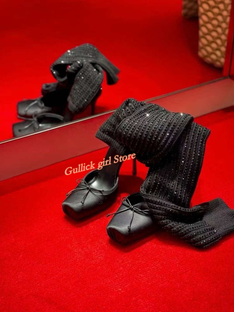 Red Knit Square Toe Boots Cut  - Knee High Sock Women review and price